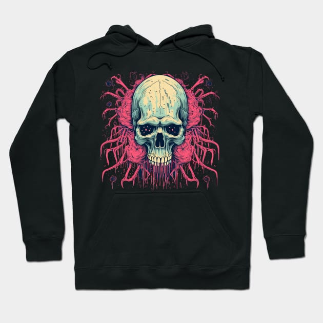 Creepy Psychedelic Spider Web Skull Hoodie by TOKEBI